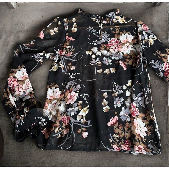 Womens Floral Sheer Blouse Black Long Sleeve Ruffle Neck Romantic Top Small - Picture 3 of 16